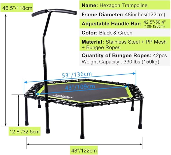 ONETWOFIT 48" Silent Mini Trampoline with Adjustable Handle Bar Fitness Trampoline Bungee Rebounder Jumping Cardio Trainer Workout for Adults