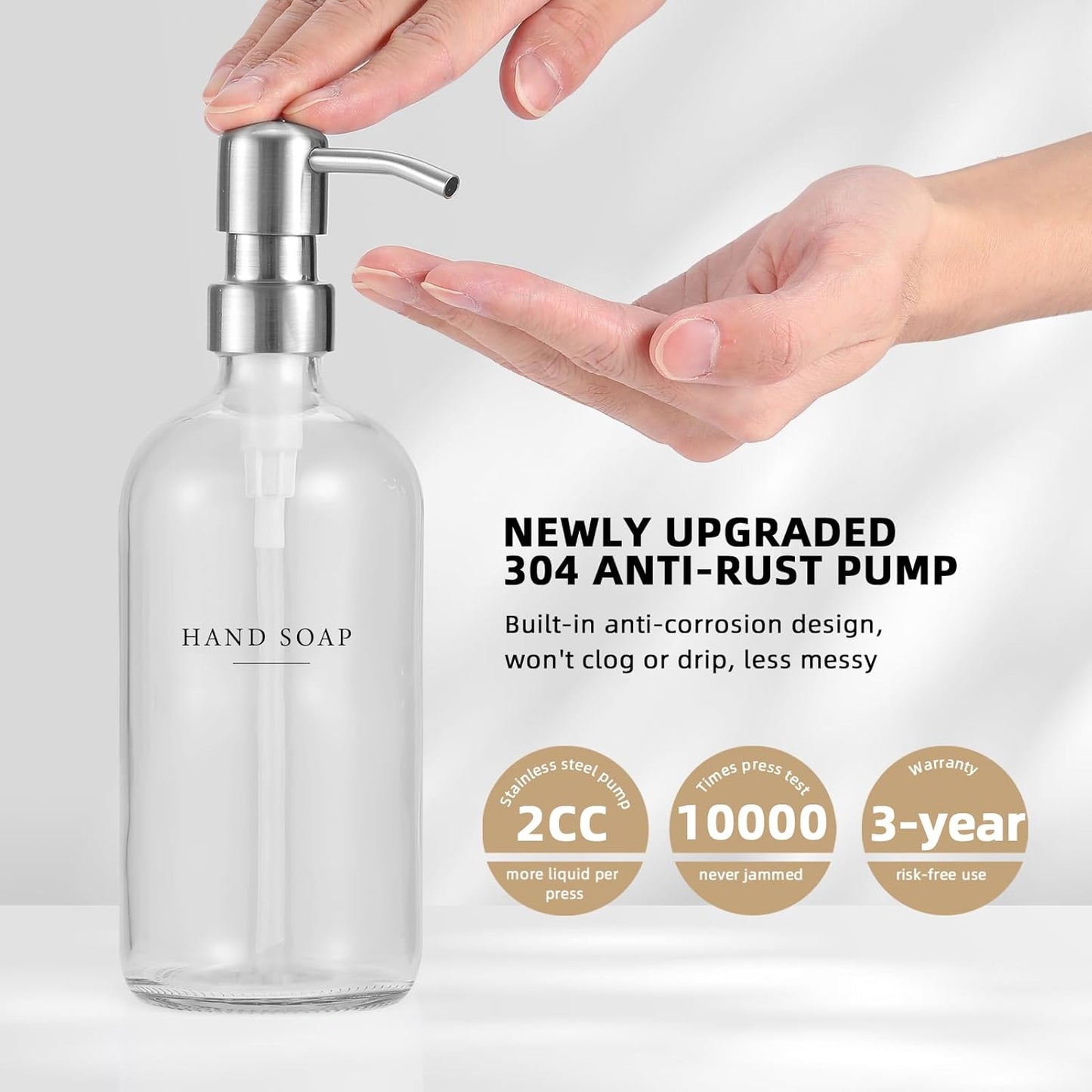 Glass Soap Dispenser - Dish Hand Soap Dispenser Set for Kitchen, Bathroom Soap Lotion Dispenser with 304 Rust Proof Pump, Tray, Clear Bottle/Silver Pump