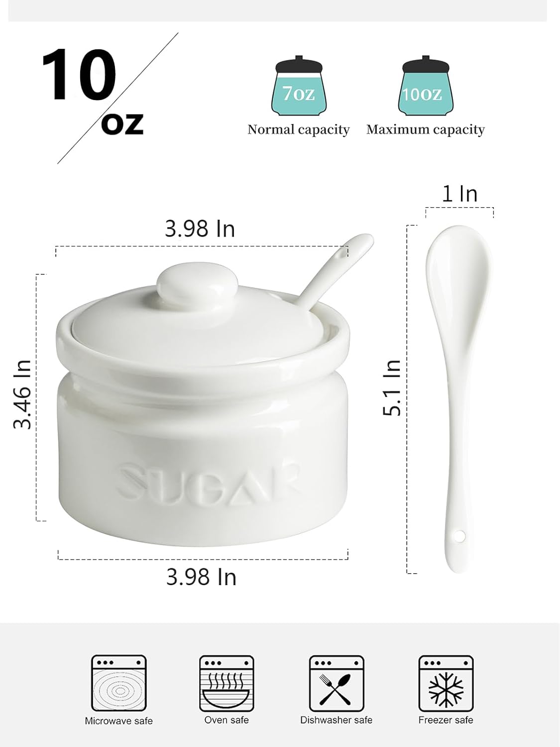 Gomakren Sugar Bowl with Lid and Spoon, Sugar Container Sugar Dish 10oz, Ceramic Sugar Jar for Coffee Bar, Kitchen, Countertop - Modern Farmhouse Kitchen Christmas Decor, White