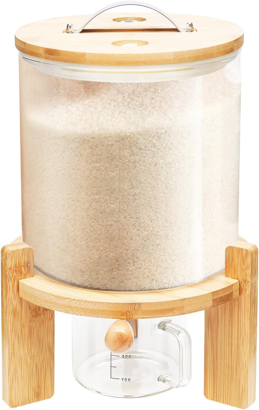CNCEST Flour and Cereal Container, Glass Rice Dispenser, Countertop Cereal Dispenser with Measuring Cup, Airtight Lid & Wooden Stand for Storing Rice, Flour, Nuts, Coffee Beans (5L/1.32Gal)