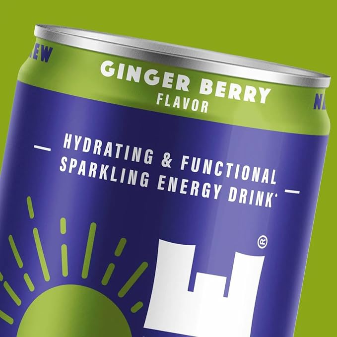 Sunshine Sparkling Energy Drink, Ginger Berry with Daily Essential Vitamins, 360mg of Electrolytes, 70mg of Natural Caffeine, 12 Fl Oz (Pack of 24)