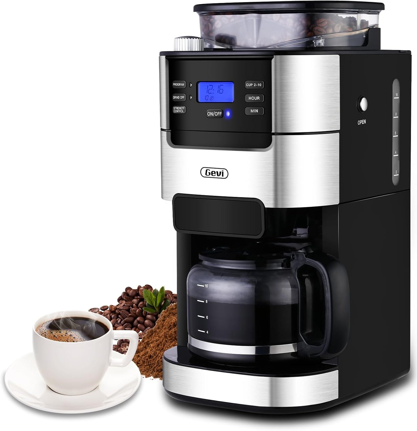 Gevi 10-Cup Coffee Maker with Built-in Burr Grinder, Programmable Timer, 1.5L Water Tank, Reusable Filter & Warming Plate – Drip Coffee Machine for Fresh Ground Coffee