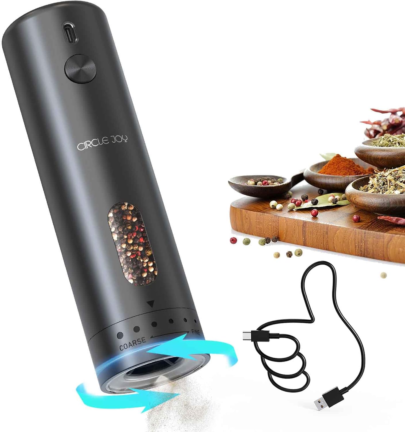 CIRCLE JOY Electric Pepper Grinder Rechargeable, Automatic Pepper Mill with 110ml Container, External Adjustable Coarseness, White Led Light and One-Handed Operation, Black