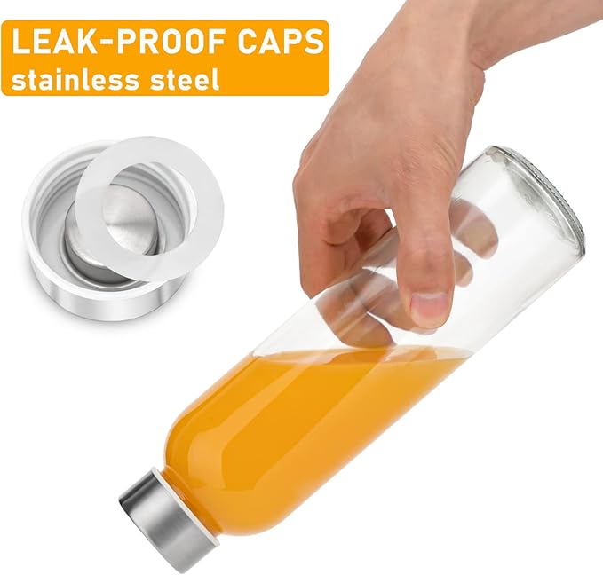 Sursip 24oz Glass Water Bottle Set of 6, Leak Proof Clear glass juice bottle for juicing, Reusable Drinking Bottles with Stainless Steel Lid, Beverage Storage Containers for Refrigerator-BPA Free