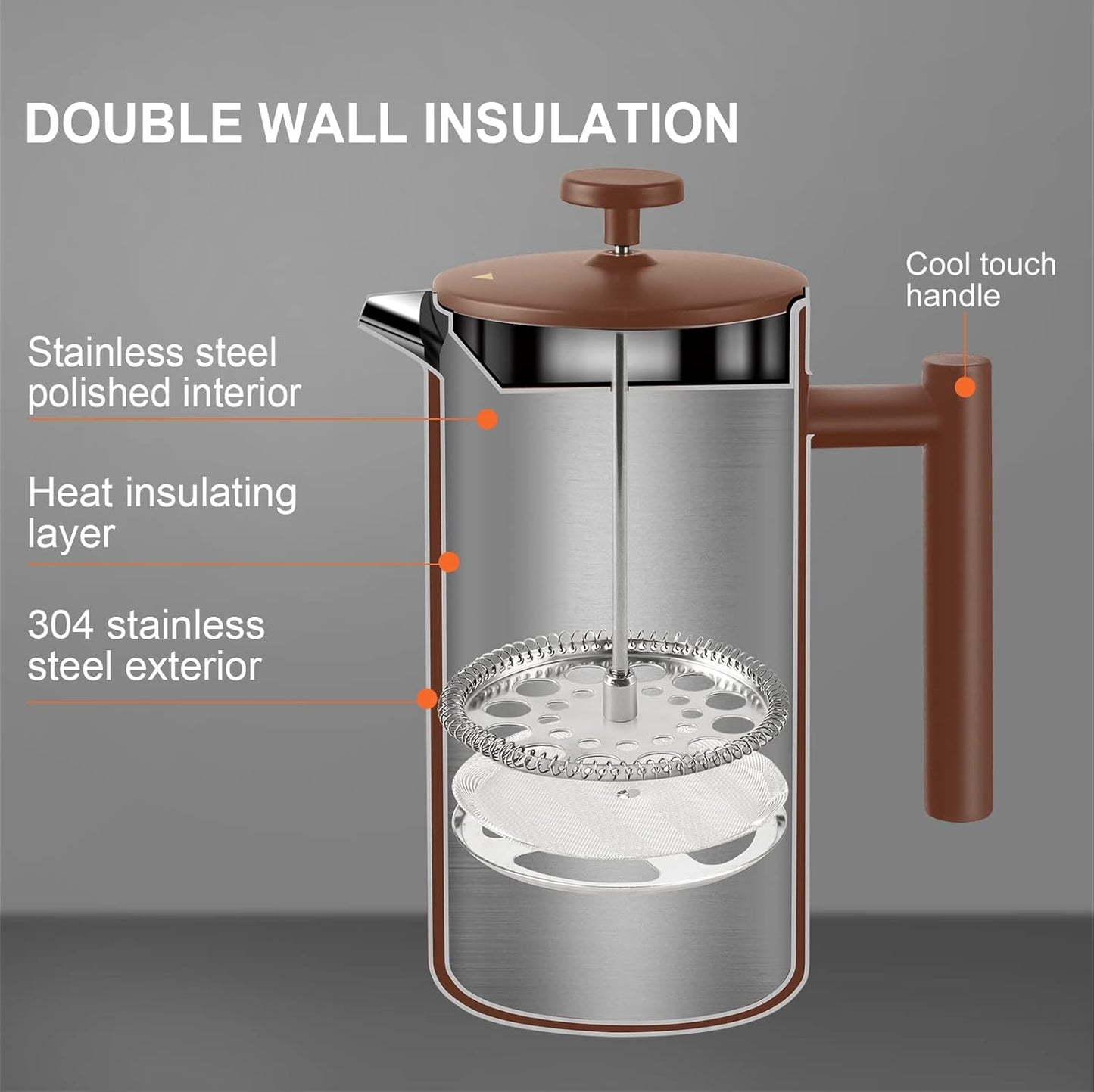 Secura French Press Coffee Maker, 304 Grade Stainless Steel Insulated Coffee Press with 2 Extra Screens, 34oz (1 Litre), Coffee