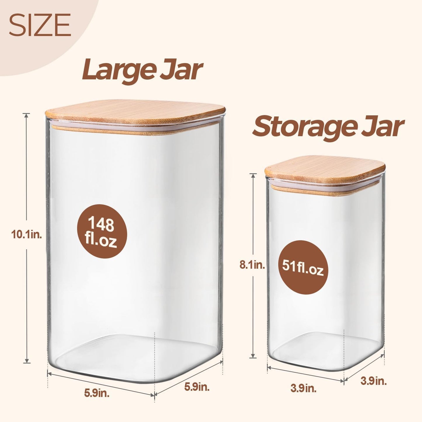 ComSaf Glass Pantry Storage Containers, 148/51 oz Large Square Flour and Sugar Containers with Airtight Lids, Gallon Glass Jars with Bamboo Lids for Rice, Pasta, Cookies, Coffee Beans