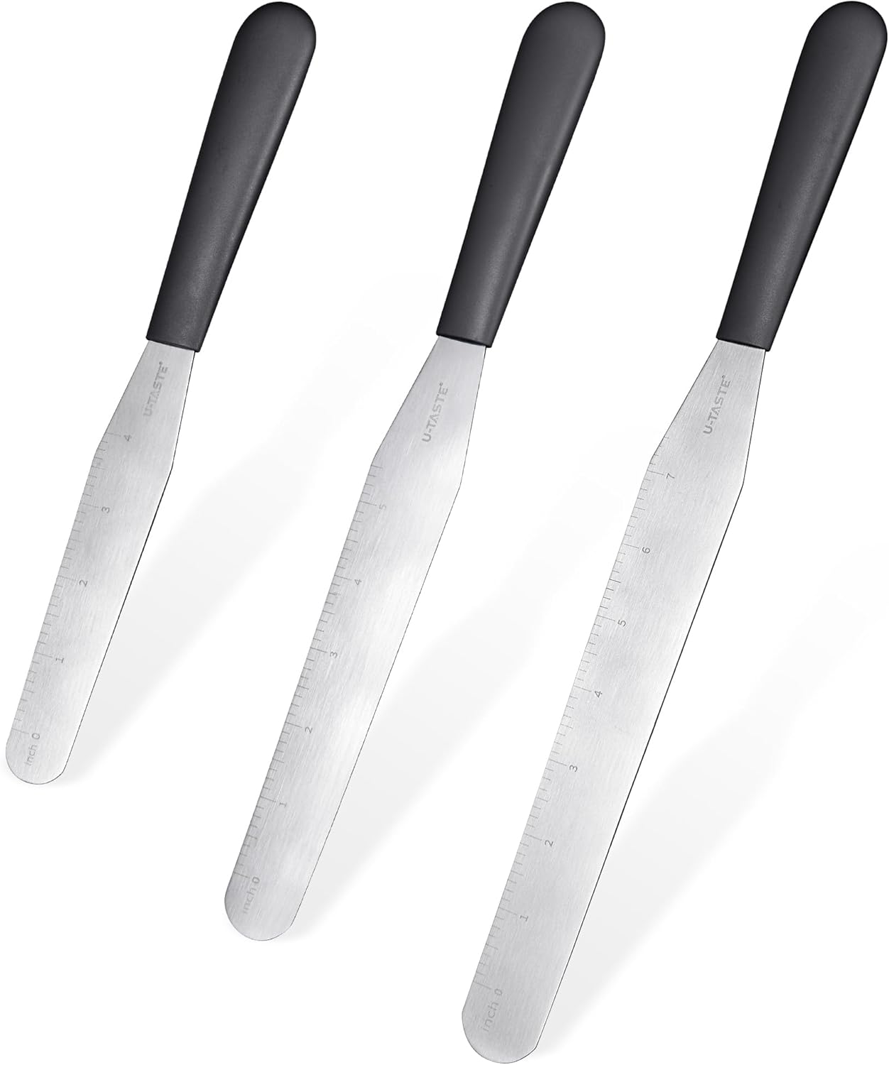 U-Taste Cake Icing Spatulas Set: Straight Decorating Frosting Knife with 6", 8", 10" Thinner Stainless Steel Blade, Flexible Smoothing Spreading Tools with Comfortable PP Handle for Cream (Black)