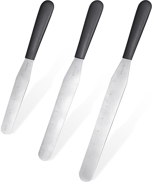 U-Taste Cake Icing Spatulas Set: Straight Decorating Frosting Knife with 6", 8", 10" Thinner Stainless Steel Blade, Flexible Smoothing Spreading Tools with Comfortable PP Handle for Cream (Black)