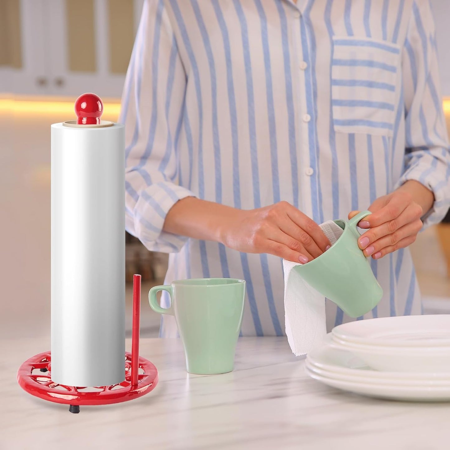 JOGREFUL Paper Towel Holder Stand, Cast Iron Kitchen Paper Towel Countertop Vintage Stand with Weighted-Base, Bathroom Organization for Family Standard Large Size Roll Paper, Classic Style, Red