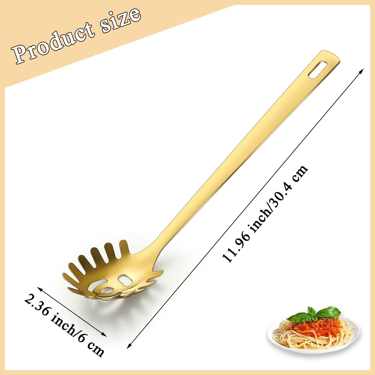 Gold Spaghetti Spoon, ReaNea Pasta Server, Stainless Steel Pasta Spoon with Teeth, One-Piece Metal Pasta Fork, Noddle Fork Gold Kitchen Accessories Utensils, Heat Resistant, Dishwasher Safe