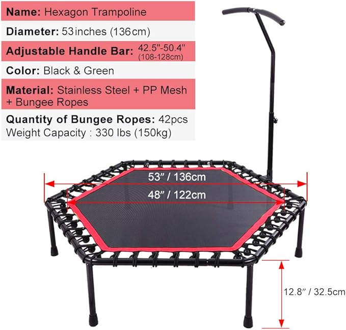 ONETWOFIT 48" Silent Mini Trampoline with Adjustable Handle Bar Fitness Trampoline Bungee Rebounder Jumping Cardio Trainer Workout for Adults