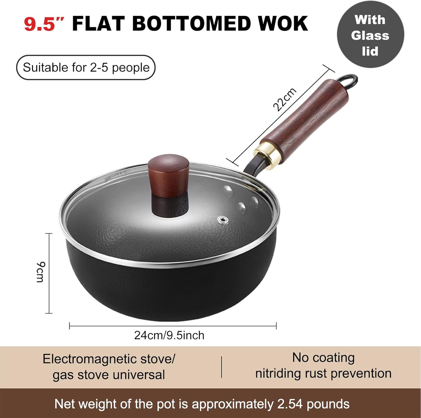 Carbon Steel Wok Pan, 9.5 “ Woks & Stir-Fry Pans with glass Lid Cookwares, Nonstick Wok, No Chemical Coated Flat Bottom Hand Hammered Chinese Wok For for Electric, Induction, for All Stoves