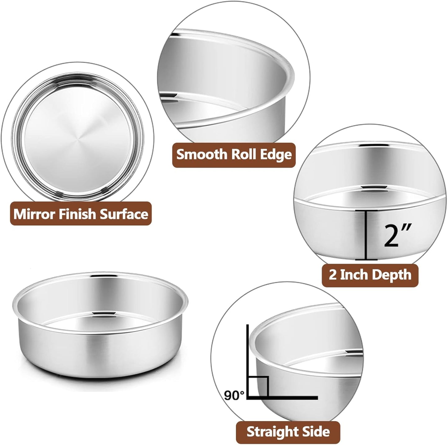 P&P CHEF 6 Inch Round Cake Pan Set of 3, Stainless Steel Round Baking Layer Pans Bakeware for Layer Birthday Cake, Fit Oven/Pots/Pressure Cooker, Leakproof & Dishwasher Safe, Silver