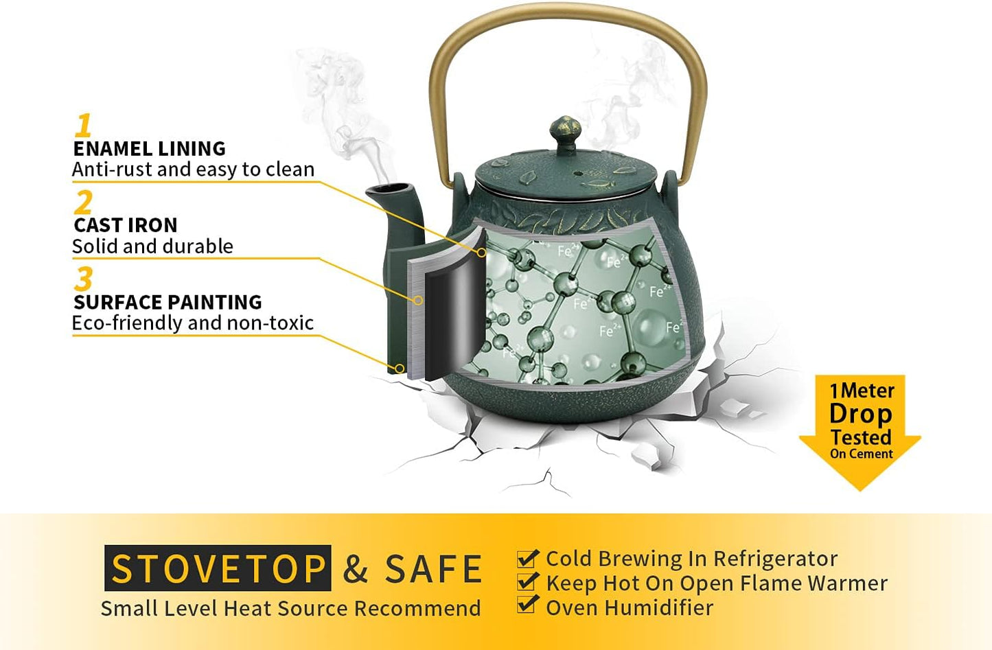 Tea Kettle, TOPTIER Japanese Cast Iron Teapot with Infuser, Leaf Design Cast Iron Tea Pot Stovetop Safe Coated with Enameled Interior for 40 Ounce (1200 ml), Dark Green