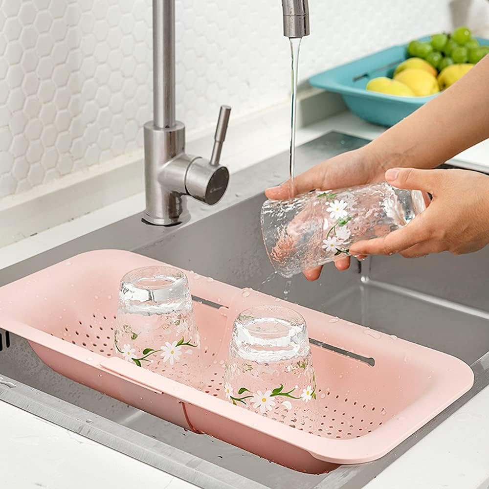 Collapsible Sink Colanders and Strainers Basket Over the Sink Colander Collapsible Colander Extendable Plastic Fruit Vegetable Strainer Drainer Basket for Kitchen(Length 14.3 inch-19.4 inch) (Pink)