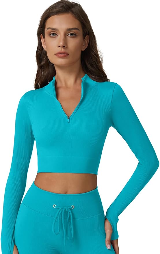 QINSEN Workout Sets for Women 2 Piece Seamless Long Sleeve Crop Tops Ribbed High Waist Leggings