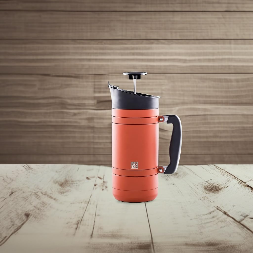 BaseCamp Coffee Press - Double Wall Insulated Stainless Steel - Bru-Stop Technology, No Grounds in Coffee, No Spill Lid (Red Rock, 48 fl.oz)