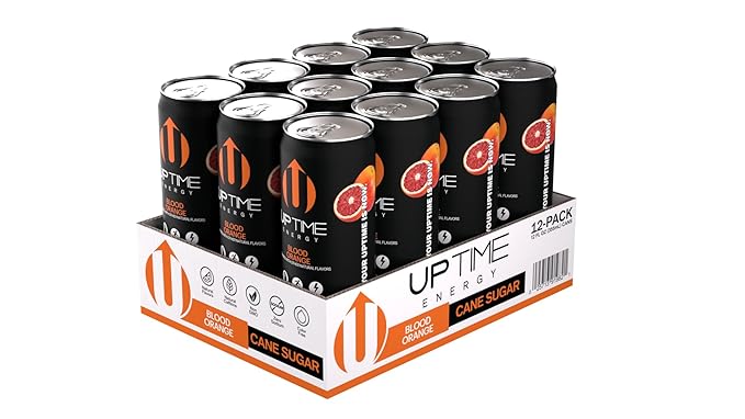 UPTIME Energy Drink, Blood Orange Cane Sugar, 12 Pack, Vitamin C, L Theanine, Calcium, Energy Drinks for Focus Support, 142mg of Natural Caffeine per Serving, Clean, Natural, Non GMO, 12 fl oz Cans