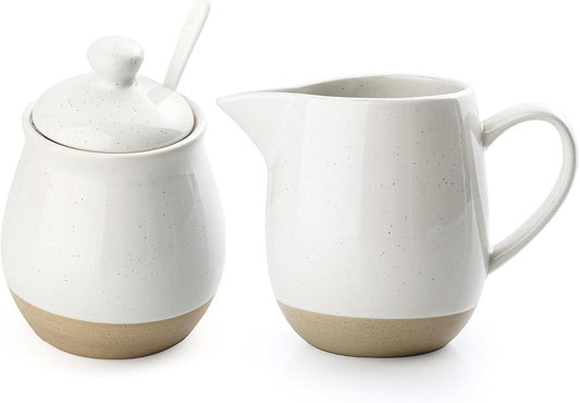 famiware Milkyway Ceramic Sugar and Creamer Set, 10oz Sugar Bowl & 13oz Creamer Set – Stoneware Milk Pitcher & Sugar Dispenser for Coffee Bar, Kitchen, or Countertop, Coffee Serving Set, White