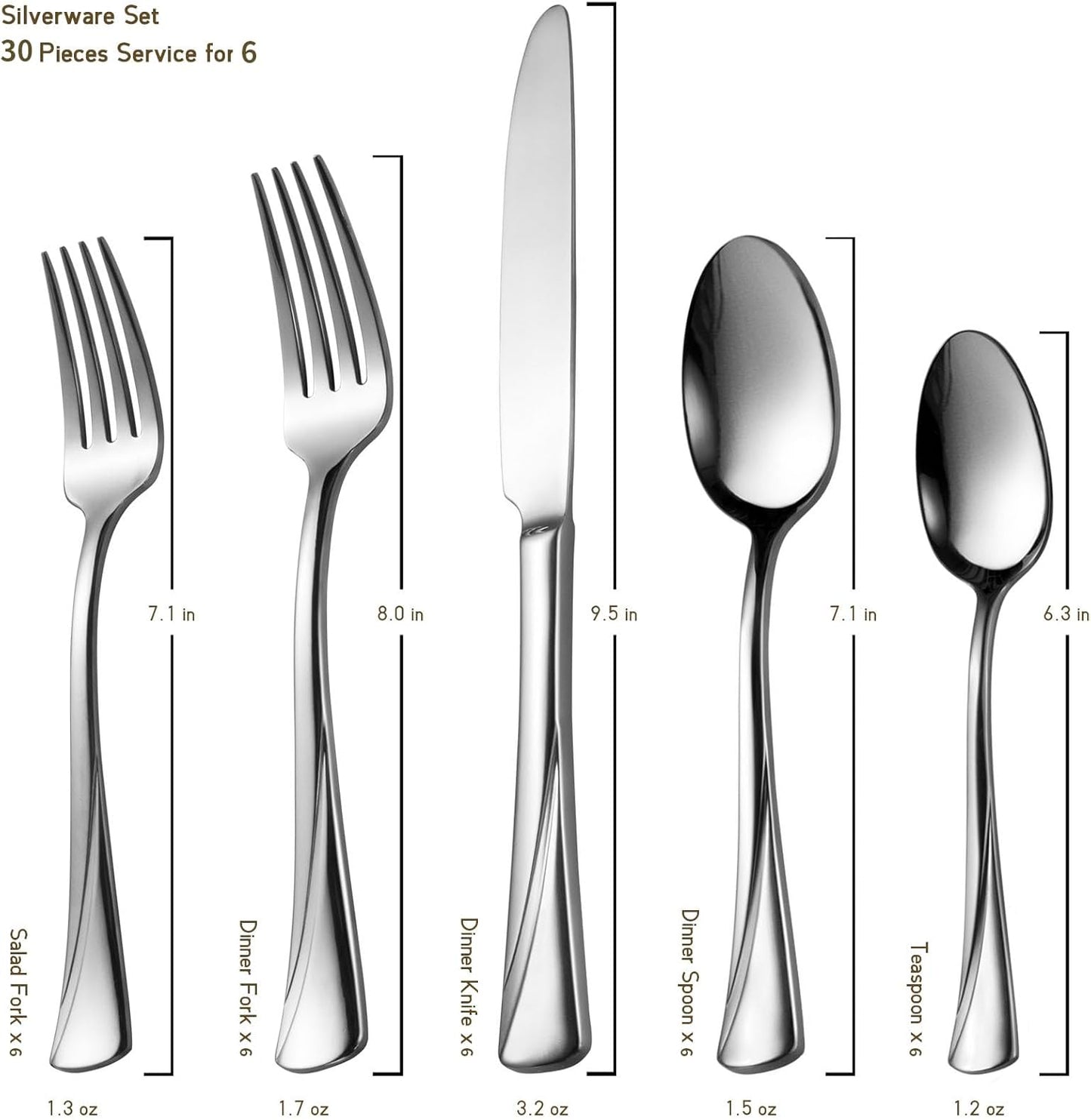 Alata Alice 30-Piece Silverware Set Stainless Steel Flatware Set,Service for 6,Mirror Polished Cutlery Set,Dishwasher Safe