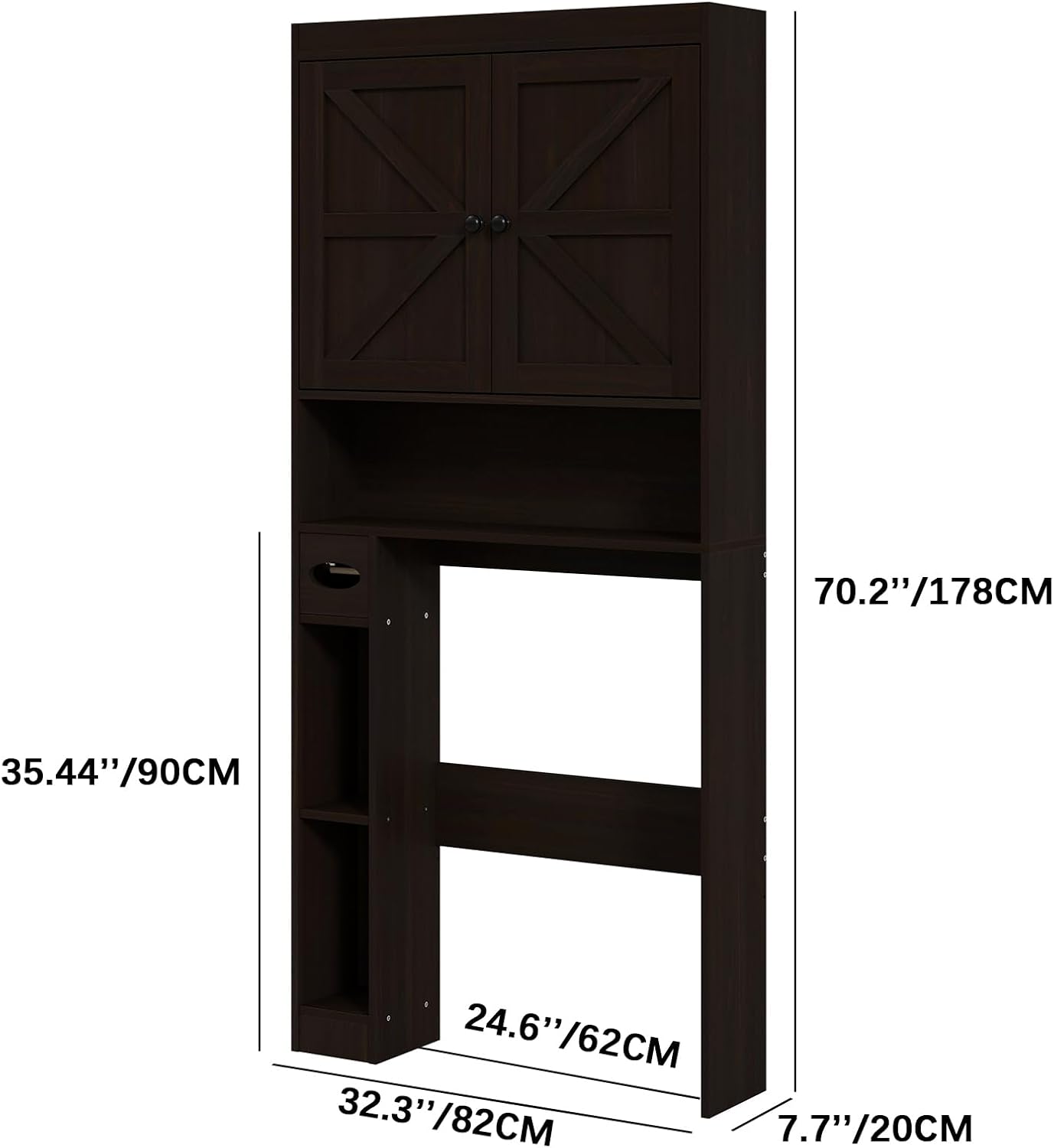 Furnideco 32.3''W Over The Toilet Storage Cabinet with Barn Doors, Over Toilet Shelf Farmhouse Storage Cabinet Space Saver with Toilet Paper Holder & Adjustable Bottom Bar, Espresso
