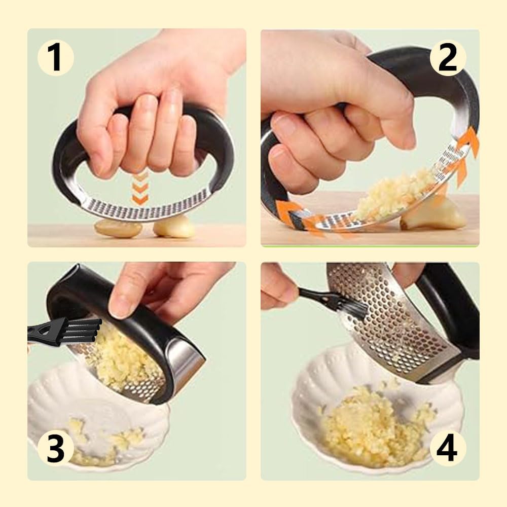 Garlic Press Rocker Stainless Steel - Rustproof Garlic Mincer, Crusher with Cleaning Brush, Easy to Use Garlic Smasher for Effortless Chopping & Crushing