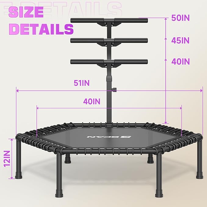 BCAN 51" Mini Hexagon Trampoline, Max Load 450 LBS Fitness Trampoline with T-Adjustable Handle Bar, Silent Bungees, Larger, More Stable, Quieter Exercise Rebounder for Adults Indoor/Garden Workout