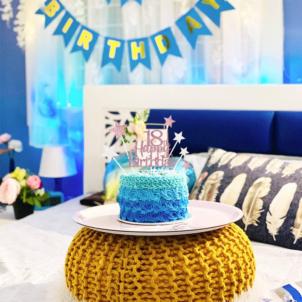 Glittery 18th Happy Birthday Cake Topper with Star,Personalised 18 Birthday Cake Toppers Party Decorations Party Supplies for Boys Girls Rose Gold
