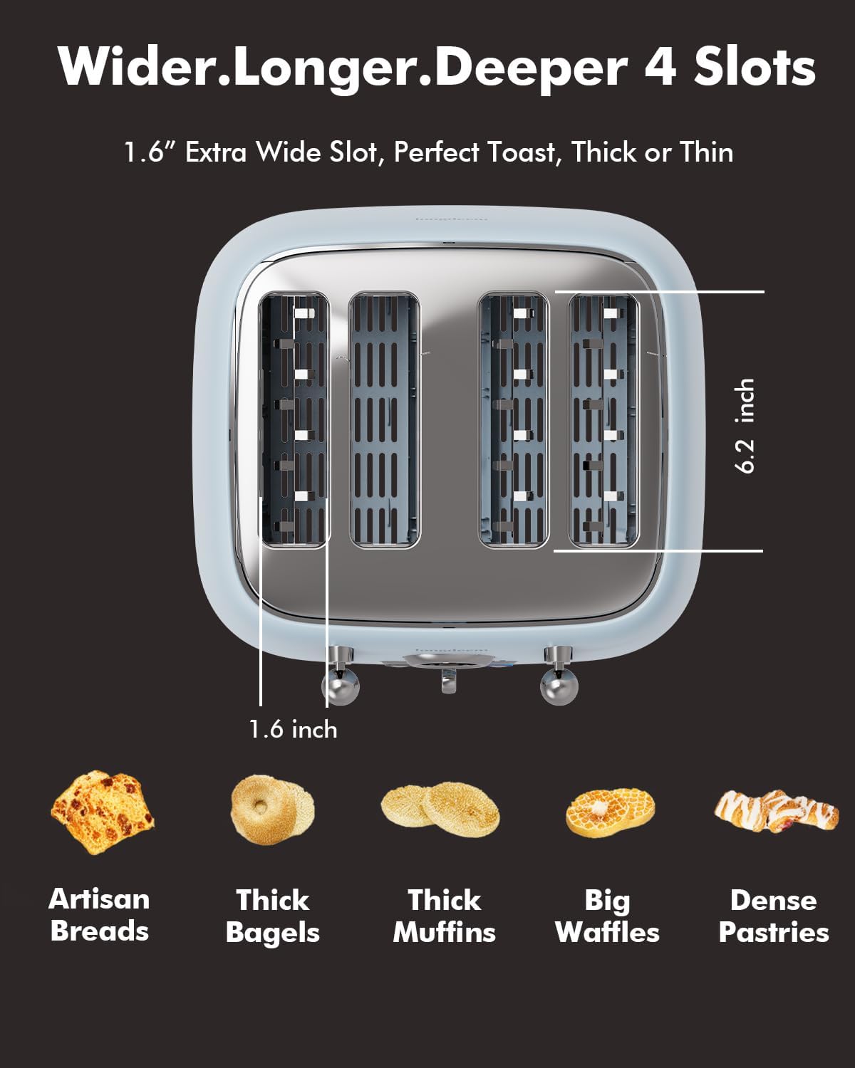 4-Slice Toaster with 1.6" Extra-Wide Slots, 6-Level Browning Control & Bagel/Defrost, Removable Crumb Tray, Auto Shutoff Stainless Steel Toaster Oven, Blue