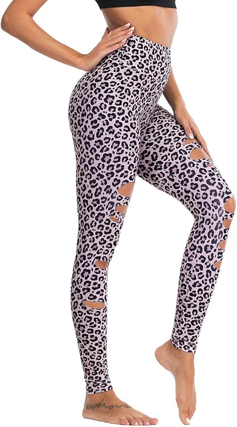 DIBAOLONG Womens High Waist Yoga Pants Cutout Ripped Tummy Control Workout Running Yoga Skinny Leggings