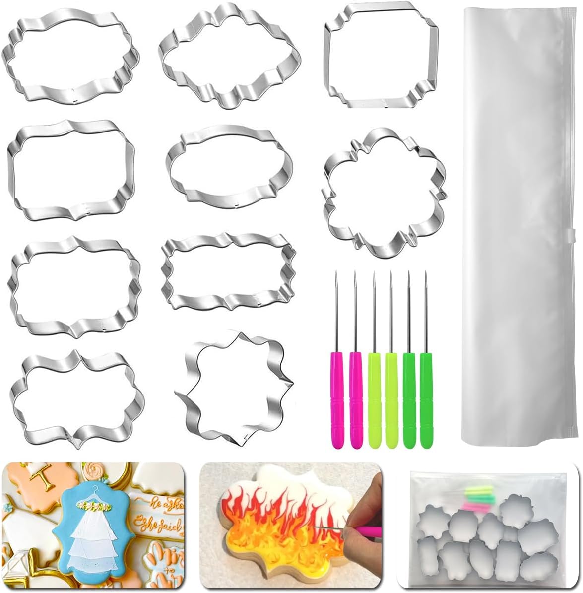 Frame Cookie Cutters 10 Shapes with 6 Cookie Scribes & 1 Storage Bag, Plaque Fondant Dough Cutters Baking Tools Kitchen Accessories for Home Daily Holiday Party
