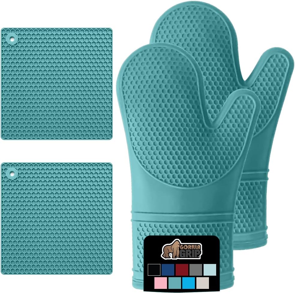 GORILLA GRIP BPA-Free Soft Silicone Oven Mitts and Pot Holders Sets, Heat Resistant Waterproof Cooking Gloves, Thick Cotton Lining, Flexible Gripping for Baking Grilling, Kitchen Trivets, Turquoise