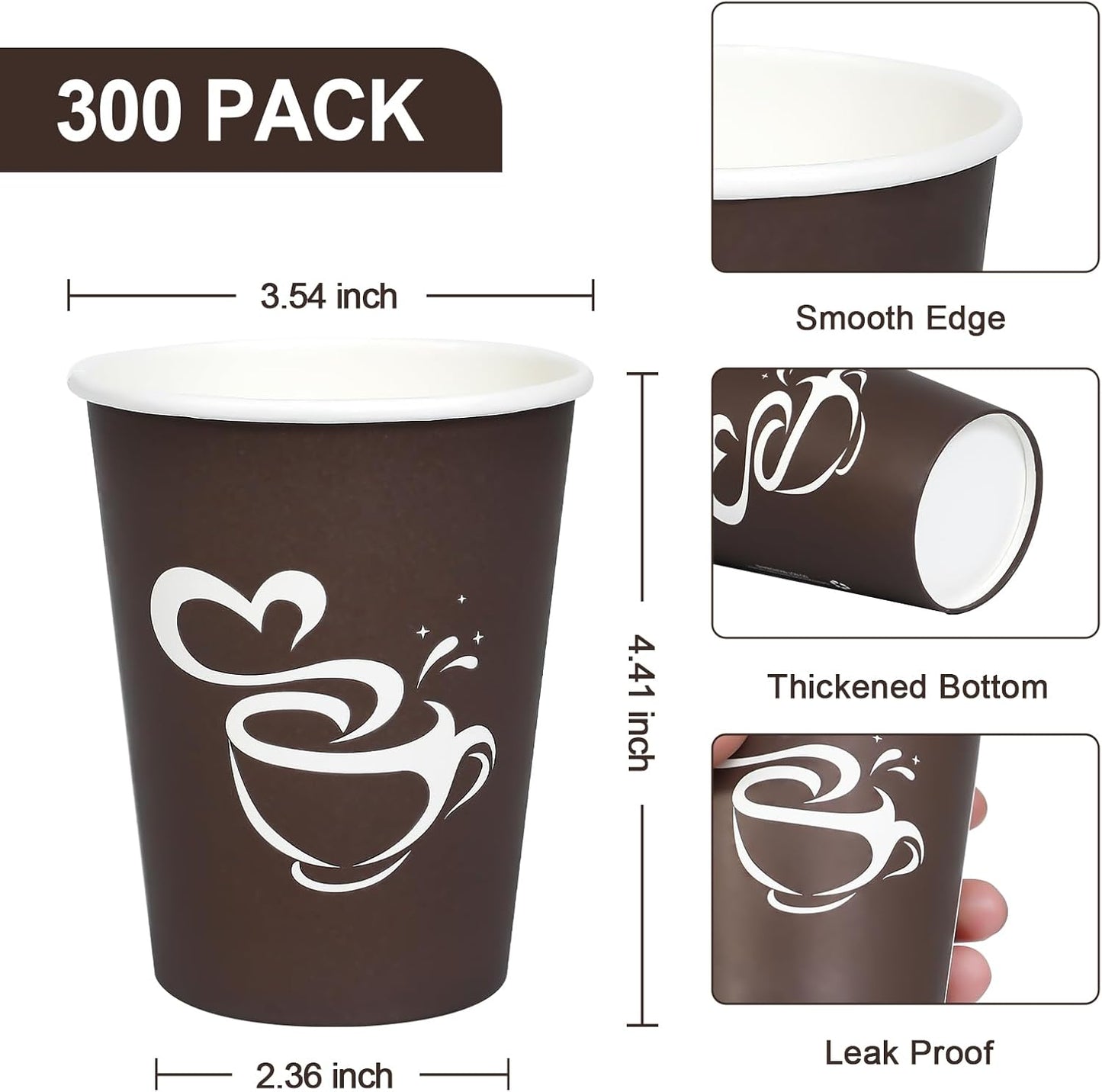 300 Count 12 oz Paper Coffee Cups, Disposable Drinking Cups for Hot or Cold Beverage, 12 ounce Brown Coffee Cups for Party, Business, Travel, Picnic