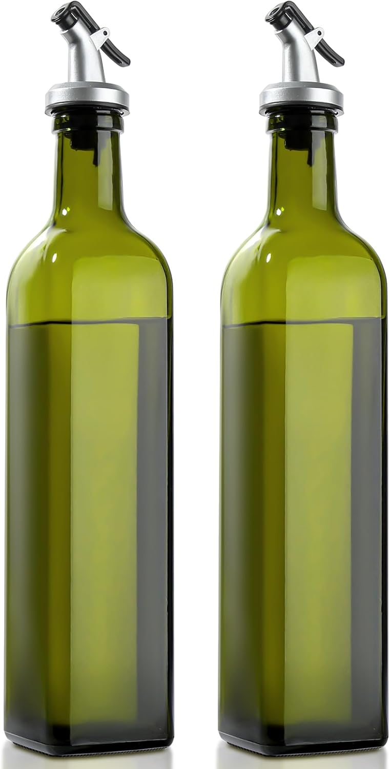 GMISUN Olive Oil Dispenser Bottle 2 Pack, Olive Oil Dispenser for Kitchen 17oz, Glass Cooking Soy Sauce Bottle Container Cruet with Plastic Pourer Spout, Green