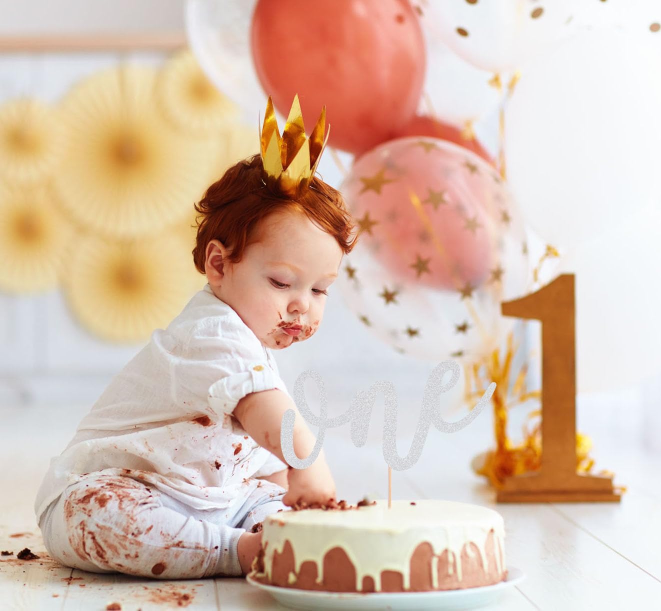 First Birthday Cake Topper - Silver Glitter One Cake Decorating Supplies for Girls and Boys, Perfect for Baby Shower/Gender Revealing Party/Baby Party Photo Booth Props