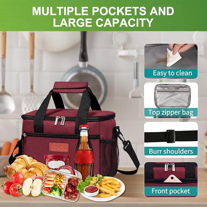 iknoe Large Foldable Cooler Bag, 8.5L Insulated Lunch Bag, Leakproof Lunch Cooler Tote with Multi-Bag Design Suitable for Beach, Picnic and Office Use,Red 15-Can