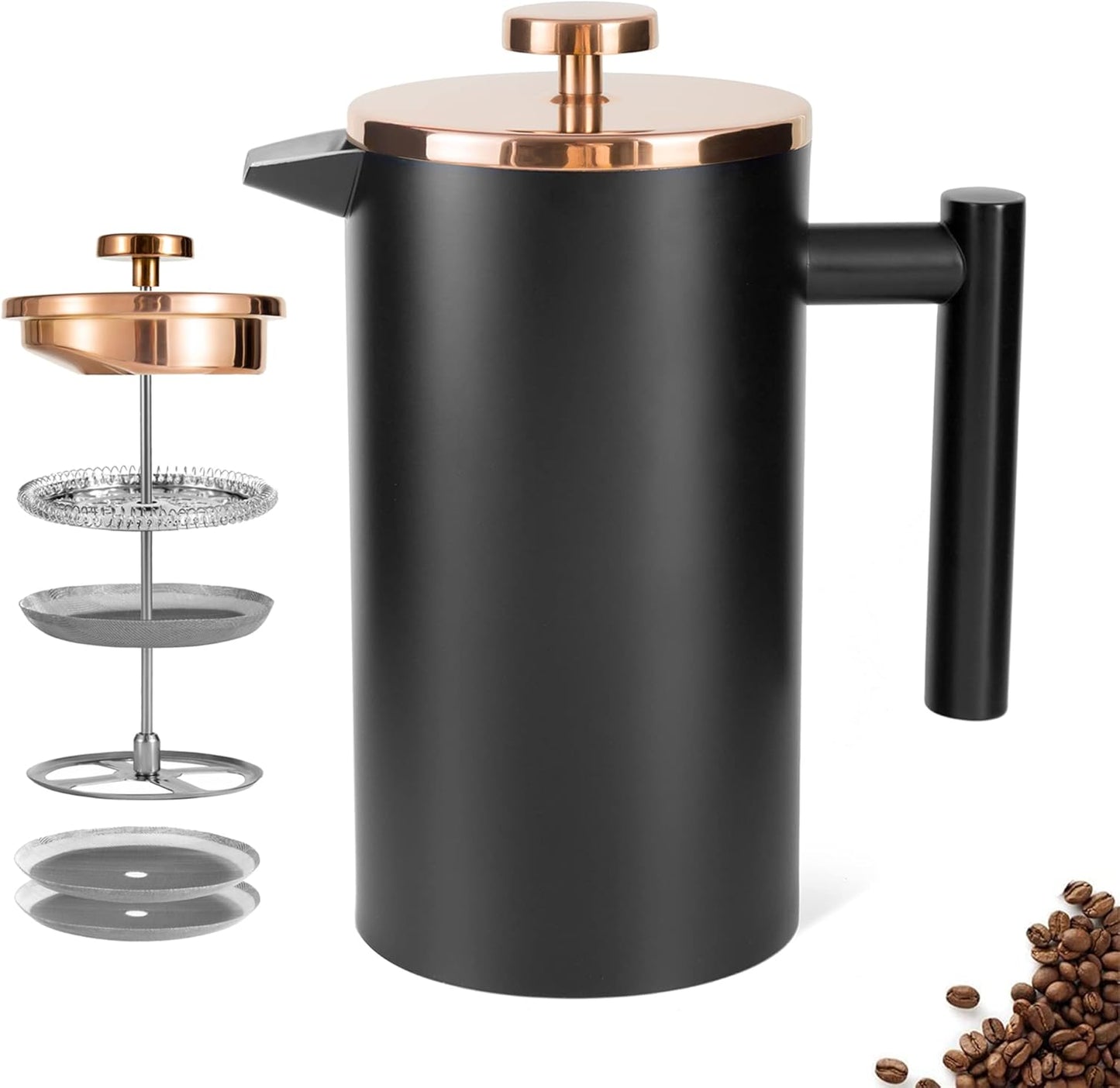Stainless Steel French Press Coffee Maker 1500ml, Black Double-Wall Insulated Large French Coffee Press for travel camping,Large Capacity （50oz, Black）