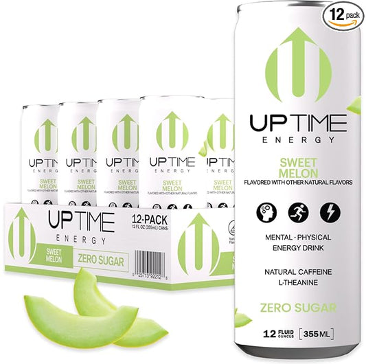 UPTIME Energy Drink, Sweet Summer Melon Sparkling, 12 Pack, Vitamin C, L Theanine, Calcium, Sugar Free Energy Drinks for Focus Support, 142mg of Natural Caffeine, 5 Calories, Natural, 12 fl oz Cans