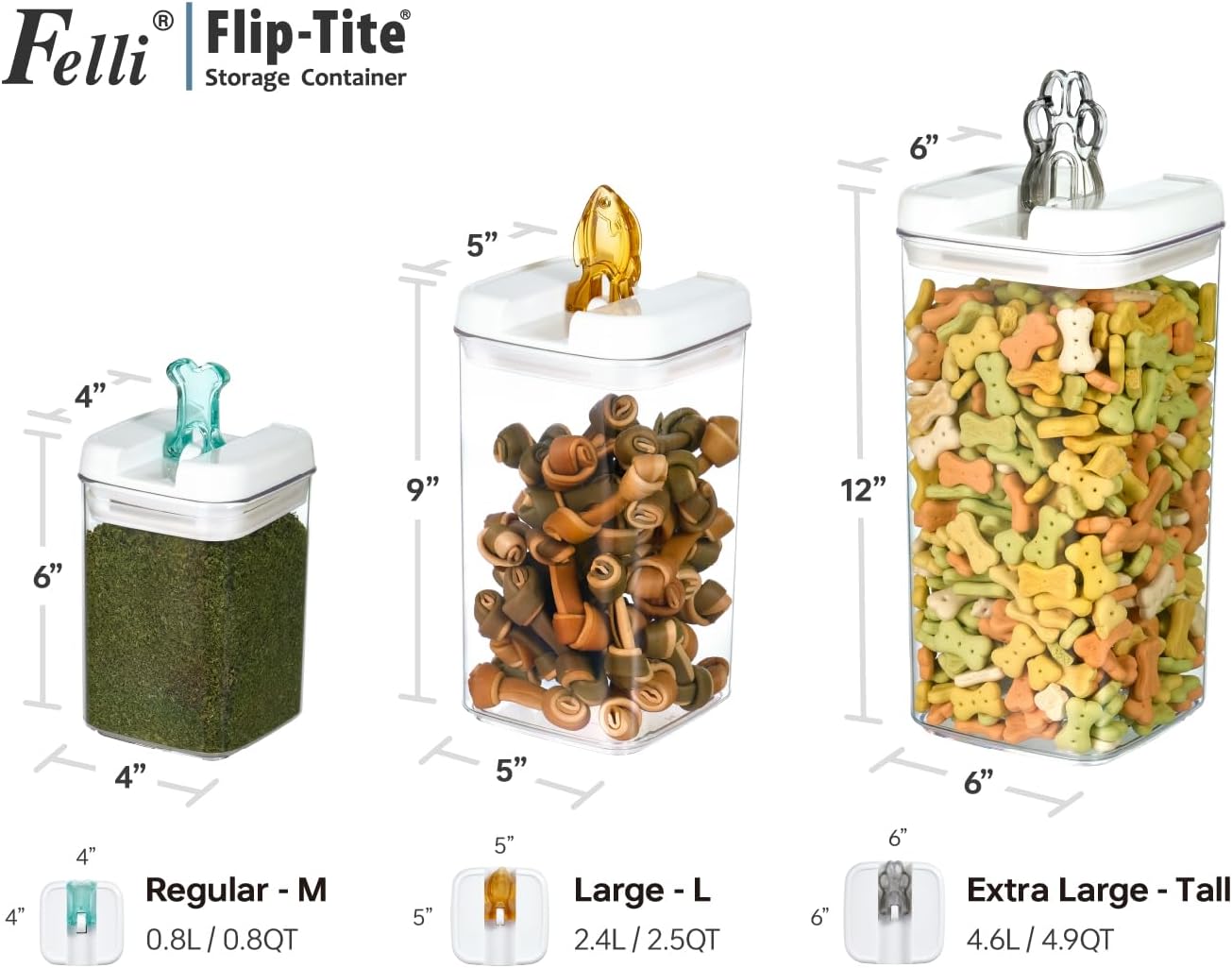 Felli Flip Tite Pet Food Container with Airtight Lids, BPA FREE Acrylic Canister with Paw Bone Fish Flip Top Handles for Cat Dog Kibble Treats Storage, Keep Fresh (Pet Collection Nest-L3pk)