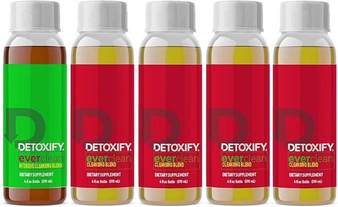 Detoxify – Ever Clean Cleansing Program – Honey Tea – 5 x 4 oz Bottles – 5-Day Solution – Green Tea, Vitamins & Minerals – Plus Sticker and Bag