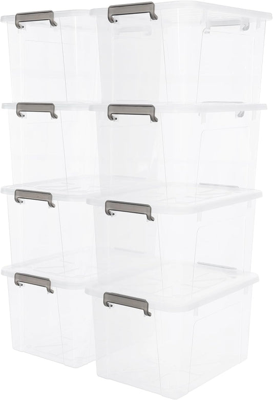 Citylife 44.4 QT Plastic Storage Bins with Latching Lids Stackable Storage Containers for Organizing Large Clear Storage Box for Garage, Closet, Kitchen, 8 Packs