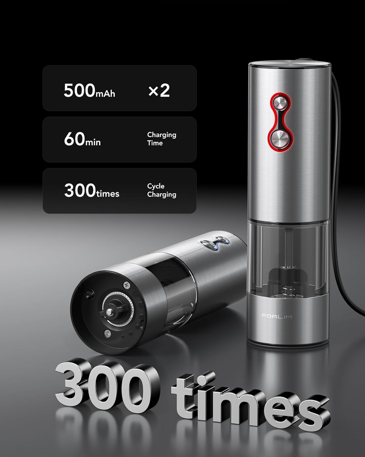 FORLIM Rechargeable Electric Salt and Pepper Grinder Set, Dual-Speed Control, Stainless Steel Automatic Salt & Pepper Mill with Dust Cover, 2 LED Lights, Adjustable Coarseness (2-Pack, Glossy Silver)