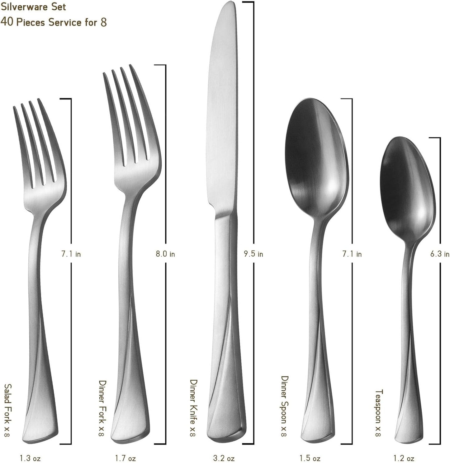 Alata Alice 40-Piece Silverware Set Stainless Steel Flatware Set,Service for 8,Matte Satin Polished Cutlery Set,Dishwasher Safe