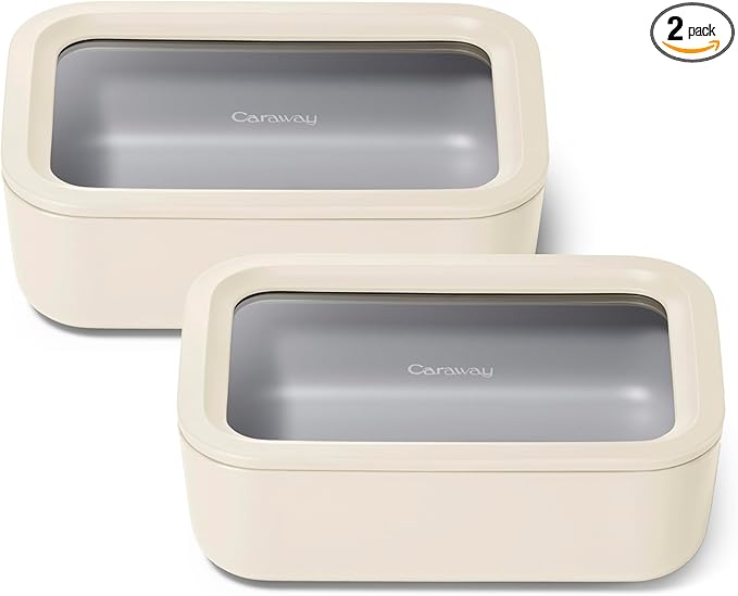 Caraway 2pc Glass Food Storage Set - 6.6 Cup Food Containers (2) - Ceramic Coated - Non Toxic, Non Stick Lunch Box with Lids. Dishwasher, Oven, & Microwave Safe - Cream