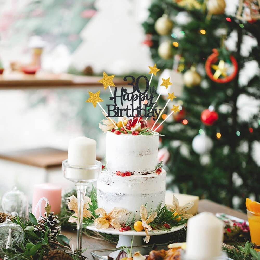 Glittery 30th Happy Birthday Cake Topper with Star,Personalised 30 Birthday Cake Toppers Party Decorations Party Supplies for Men Women Black Gold