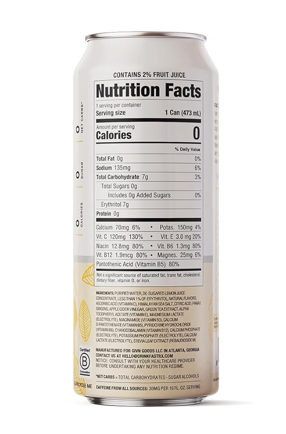 FASTRX Meyer Lemon Still Fasting Electrolyte Drink – Hunger Suppressant, Includes Essential Electrolytes and Vitamins, De-Sugared Lemon Juice – Zero Sugar, 16 Fl Oz (Pack of 12