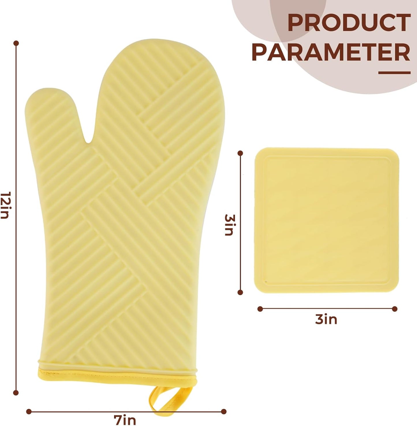 Set of 4 Oven Mitts and Pot Holder Heavy and Tall Kitchen Cotton Gloves Lined Towelcloth, Gloves Length 40cm, Pot Holder Width 20cm Diameter Round… (Yellow Silicone)