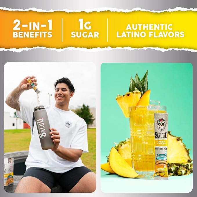 Salud 2-in-1 Energy Drink Powder + Focus, Pineapple Mango, Organic Caffeine, B6 + B12, Theanine, Clean Energy Drink Packets, Agua Fresca Mix, Non-GMO, Gluten Free, Vegan, 1g of Sugar, (15 Servings)