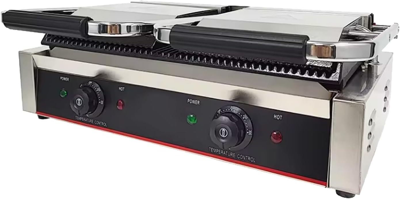 Commercial Panini Press With Grooved Grill Sandwich Maker Machine Electric Contact Grill Single (Double Grooved Top&Bottom)