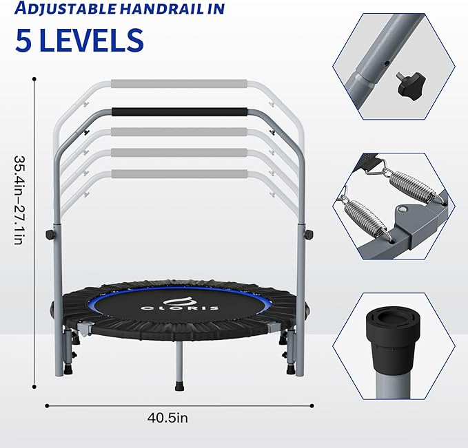 CLORIS 40in Folding Trampoline Mini Trampoline Rebounder Trampoline for Adults Fitness Trampoline with Adjustable Foam Handle, with safty Padded Cover Best Gift for Kids/Adult